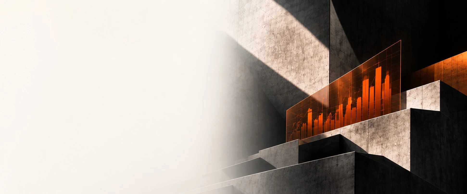 Gráfica de barras naranja proyectada sobre una arquitectura de hormigón