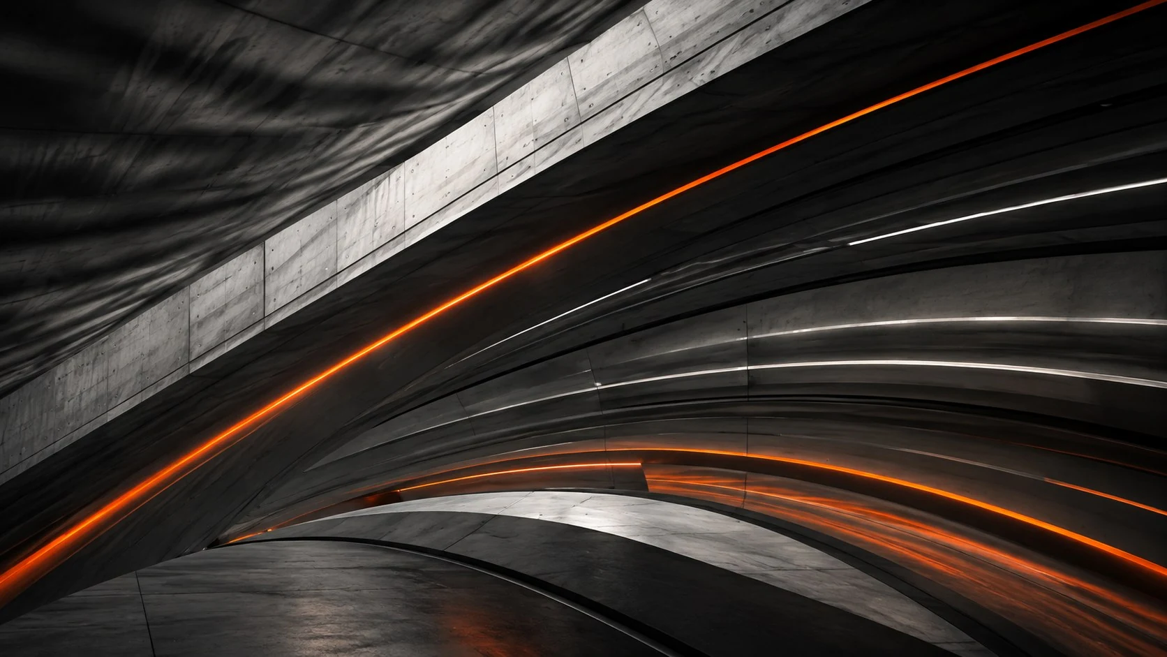 Arquitectura de hormigón recorrida por líneas de luz naranja