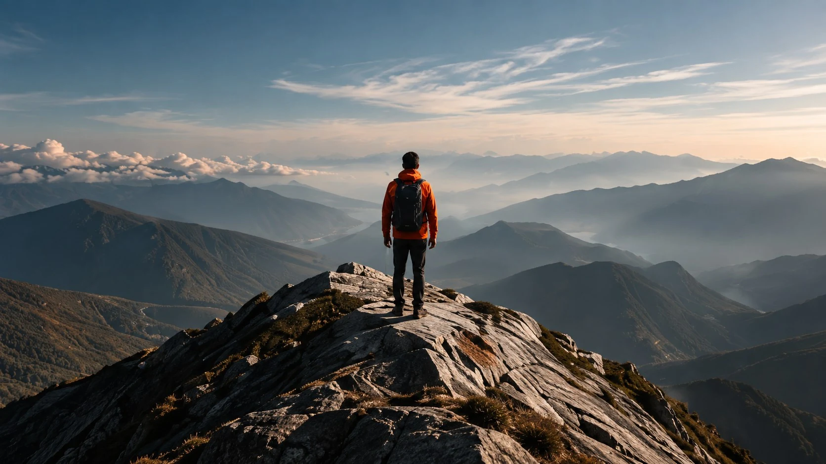 Una persona en la cresta de una montaña observando el horizonte