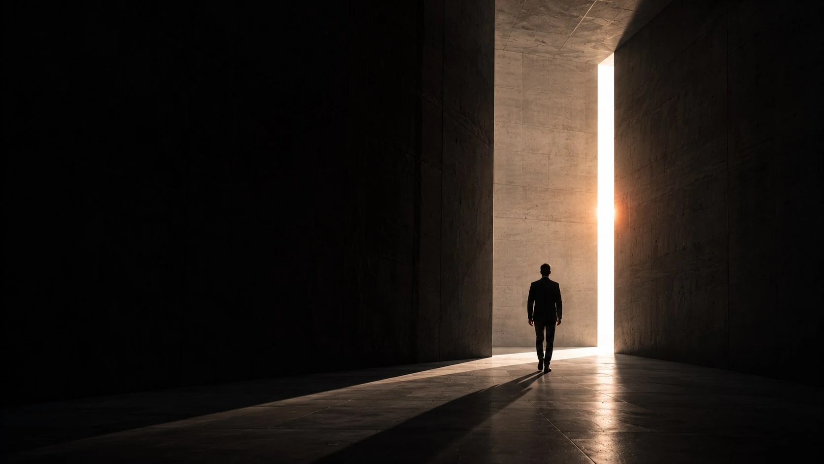 Una persona caminando hacia una franja de luz entre muros de hormigón